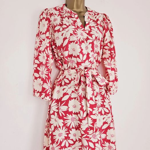 Wallis Floral Print Crepe Pink Red White Midi Tea Dress