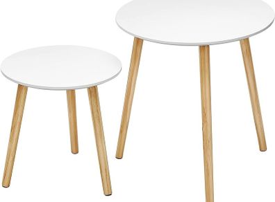 Nesting Side Table, Round End Table, Set of 2, Scandinavian Minimalist Coffee Table with Solid Pine Wood Legs, White and Natural (FREE SHIPPING)