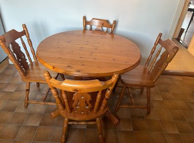 Solid Pine Drop-Leaf Round Dining Table & 4 Chairs Country