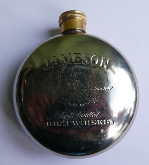 Vintage Jameson  Whiskey Hip Flask Round Flask, Pewter, brass- Screw Top
