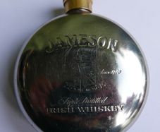 Vintage Jameson  Whiskey Hip Flask Round Flask, Pewter, brass- Screw Top