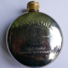 Vintage Jameson  Whiskey Hip Flask Round Flask, Pewter, brass- Screw Top