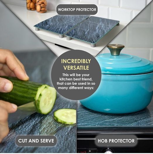 Universal Gas Electric Induction Hob Covers | Set of 2 Glass Hob Cover for Gas Electric Stove Cookers | Large Chopping Board Worktop Savers for Kitchen - Kinway (Black Marble Design)