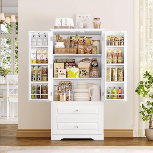 Kitchen Cupboard Tall Kitchen Cabinet Pantry Cupboard with 2 Doors Storage Free Standing Sideboard Storage Cabinet, 2 Drawers, Adjustable Shelves 60x40x120cm White