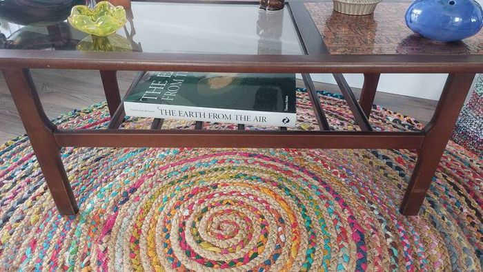 Stunning and Unique/Rare Mid Century Modern Wooden Coffee Table with Smoked Glass and Acid-Etched Copper Inlay and Slatted Magazine Shelf