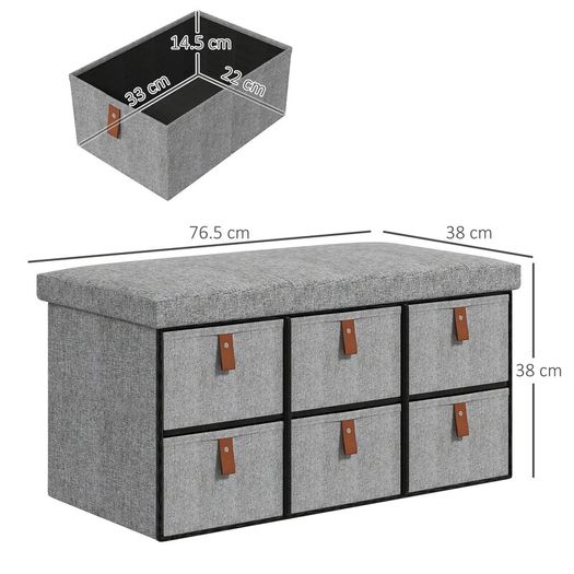 Shoe Storage Bench with Cushion and 6 Fabric Drawers for Entryway