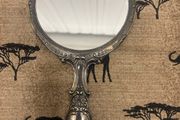 Vintage Ornate Silver-Tone Hand Mirror Floral Embossed Design.