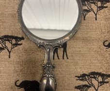 Vintage Ornate Silver-Tone Hand Mirror Floral Embossed Design.