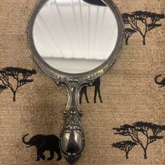 Vintage Ornate Silver-Tone Hand Mirror Floral Embossed Design.