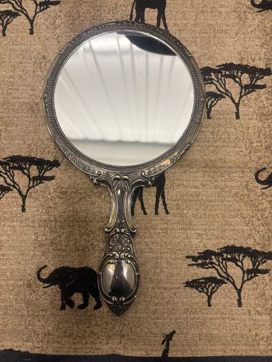 Vintage Ornate Silver-Tone Hand Mirror Floral Embossed Design.