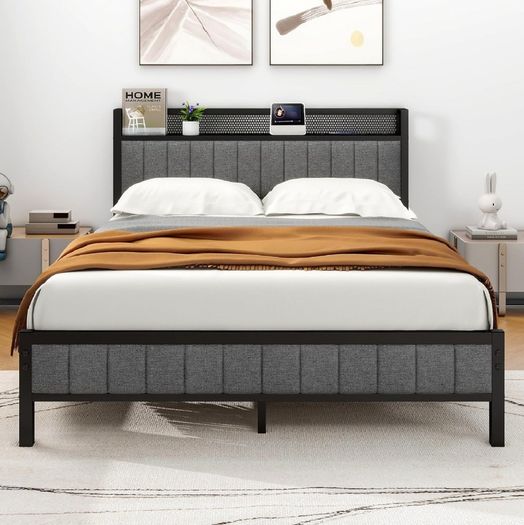 King Size Bed Frame with Storage and Headboard Shelf