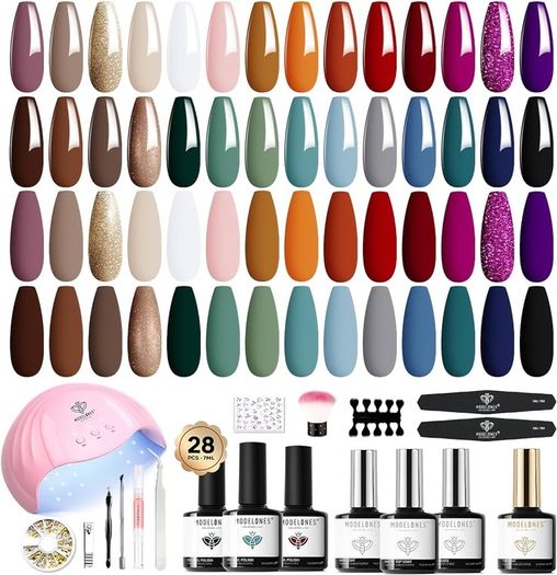 FREE SHIPPING 28 Colors Fall Winter Gel Nail Polish Set with Lamp Starter Kit No Wipe Base & Top Coat Bond Primer