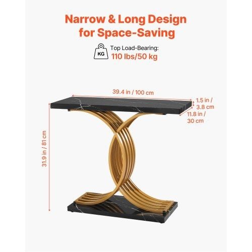 100 cm Gold Console Table, Modern Desk Behind the Couch, Wood Rectangle Entrance Desk, Narrow Long Sofa Table Accent Stand with Metal Legs
