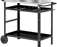 BBQ Trolley with Stainless Steel Top Adjustable Shelf, Outdoor Kitchen BBQ Station with Hooks Seasoning Tray Towel Rack, Pizza Oven Table Movable Outdoor Grill Dining Cart with Cover, Black