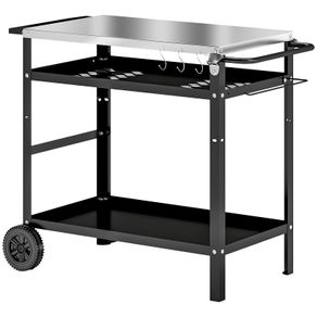 BBQ Trolley with Stainless Steel Top Adjustable Shelf, Outdoor Kitchen BBQ Station with Hooks Seasoning Tray Towel Rack, Pizza Oven Table Movable Outdoor Grill Dining Cart with Cover, Black