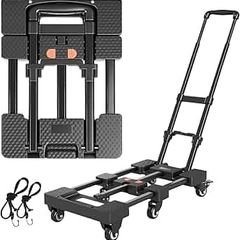 Folding Hand Truck, Portable Heavy Duty Dolly Cart, 3.2KG Lightweight Foldable Moving Trolley with 2 Elastic Ropes, 6 Wheels Design with Wheel Brake for Travel, Moving & Storage