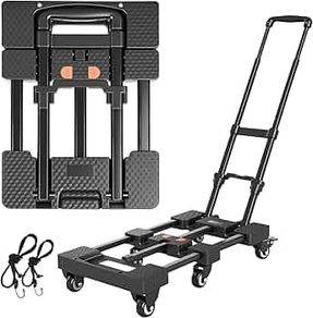 Folding Hand Truck, Portable Heavy Duty Dolly Cart, 3.2KG Lightweight Foldable Moving Trolley with 2 Elastic Ropes, 6 Wheels Design with Wheel Brake for Travel, Moving & Storage