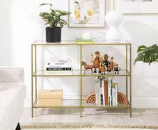 Entryway Cabinet, 3 Tier Shelf, Tempered Glass, 100 x 30 x 73 cm, Metal Frame, Modern Style, Hallway, Living Room, Bedroom, Gold