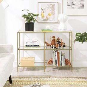Entryway Cabinet, 3 Tier Shelf, Tempered Glass, 100 x 30 x 73 cm, Metal Frame, Modern Style, Hallway, Living Room, Bedroom, Gold