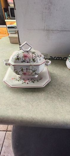 Anfora Agueda Hand Painted Lidded Preserve Pot, Sauce Dish, Floral, Portugal, Vintage