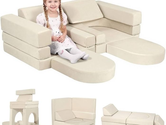 10-Pieces Kids Play Sofa, Modular Toddler Chair Couch, Beige Toddler Couch with Fold Out Foam Design, Convertible Sectional Playset For Girls Boys Bedroom Playroom