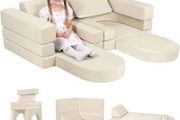 10-Pieces Kids Play Sofa, Modular Toddler Chair Couch, Beige Toddler Couch with Fold Out Foam Design, Convertible Sectional Playset For Girls Boys Bedroom Playroom
