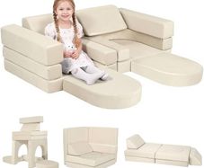 10-Pieces Kids Play Sofa, Modular Toddler Chair Couch, Beige Toddler Couch with Fold Out Foam Design, Convertible Sectional Playset For Girls Boys Bedroom Playroom