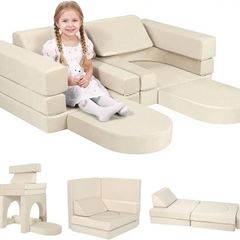 10-Pieces Kids Play Sofa, Modular Toddler Chair Couch, Beige Toddler Couch with Fold Out Foam Design, Convertible Sectional Playset For Girls Boys Bedroom Playroom