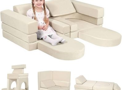 10-Pieces Kids Play Sofa, Modular Toddler Chair Couch, Beige Toddler Couch with Fold Out Foam Design, Convertible Sectional Playset For Girls Boys Bedroom Playroom