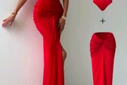 Brand New Women 2Pcs Elegant Red Fitted High Stretch  Short Sleeve Bodysuit With Ruffle Elastic Waist Long Skirt