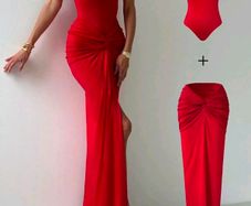 Brand New Women 2Pcs Elegant Red Fitted High Stretch  Short Sleeve Bodysuit With Ruffle Elastic Waist Long Skirt