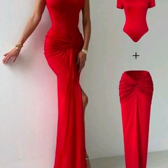 Brand New Women 2Pcs Elegant Red Fitted High Stretch  Short Sleeve Bodysuit With Ruffle Elastic Waist Long Skirt