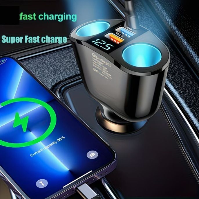 Car Cigarette Lighter Adapter, USB + Type-C Car Phone Charger Adapter,