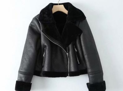 Black leather / PU fur jacket