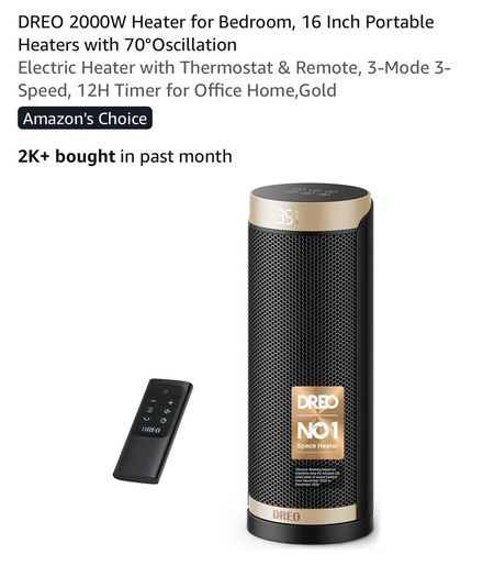 DREO 2000W Heater, 16 Inch Portable with 70 degrees Oscillation Electric Heater with Thermostat & Remote, 3-Mode 3-Speed, 12H Timer for Office Home,Gold