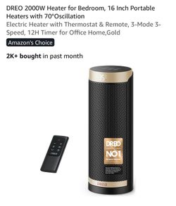 DREO 2000W Heater, 16 Inch Portable with 70 degrees Oscillation Electric Heater with Thermostat & Remote, 3-Mode 3-Speed, 12H Timer for Office Home,Gold