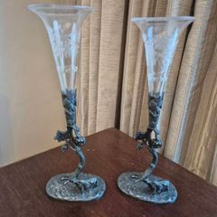Vintage Glass Flutes with Ornate Metal Base