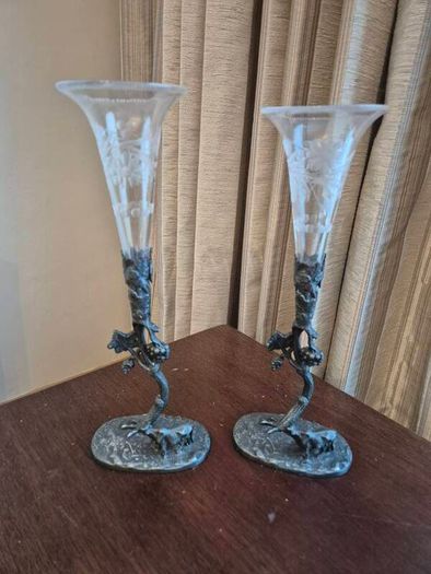 Vintage Glass Flutes with Ornate Metal Base