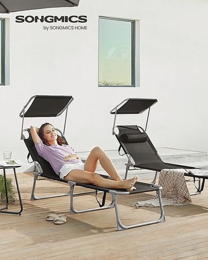 Sun Lounger, Deck Chair Folding, Sunbed, 193 x 53 x 29 cm, Max. Load 150 kg, with Sunshade Headrest Adjustable Backrest, Reclining Sun Chair for Terrace Pool Garden, Black (FREE POSTAGE)