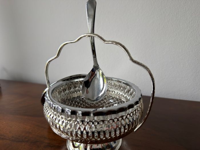 Vintage Glass Preserve / Jam Bowl with Metal Basket, Lid & Spoon