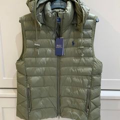 Designer brand Polo Ralph Lauren army khaki Green sleeveless quilted gilet with removable hood BRAND NEW