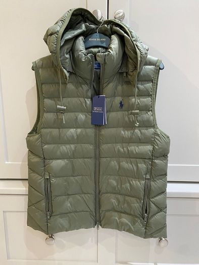 Designer brand Polo Ralph Lauren army khaki Green sleeveless quilted gilet with removable hood BRAND NEW