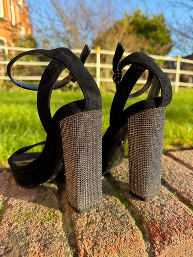 Carvela Black Suede Platform Heels with Crystal Block Heel