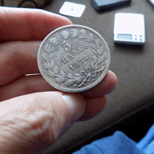France 1834 BB,5 francs.King Louis Philippe.90% silver.