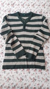 Benetton jumper wool green striped 11 12  years
