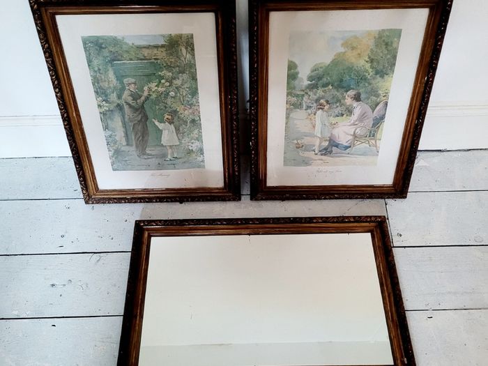 Antique edwardian mirror & pair of pictures