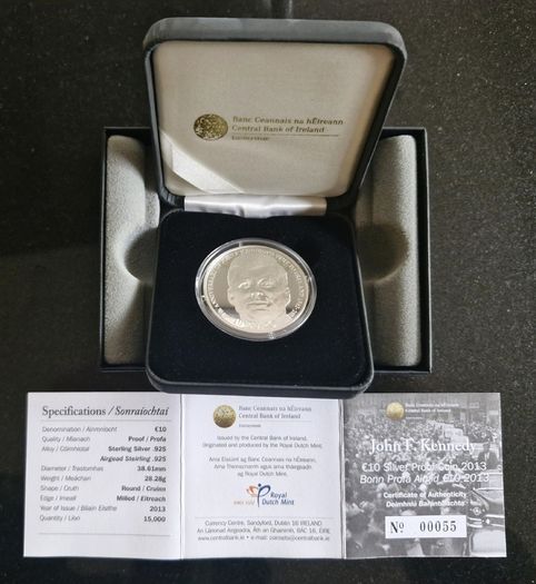 Ireland 2013 John F Kennedy Silver Proof 10 Euro Coin