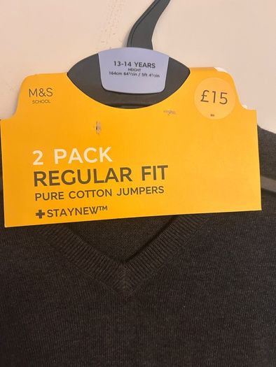 M& S pure cotton grey v neck jumper 13-14 years