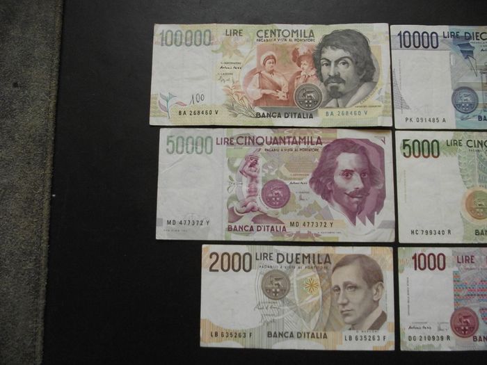 Italy: 6 Notes: 100000l+50000l+10000l+5000l+2000l+1000l (1984-1994) Good Condition!