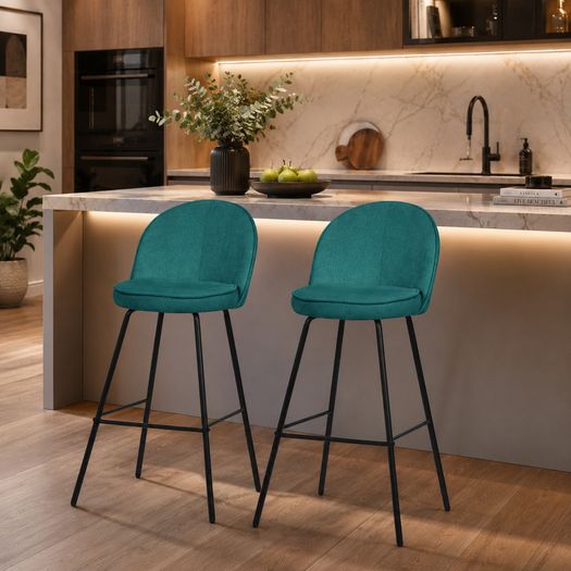 Set of 2 Petrol Upholstered Bar Stools with Backrests and Black Steel Legs
